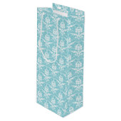 Aqua & White Damask Print Wine Gift Bag Wijn Cadeautas (Voorkant Gekanteld)