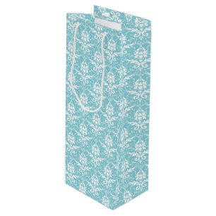 Aqua & White Damask Print Wine Gift Bag Wijn Cadeautas