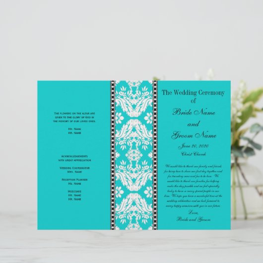 Aqua White Damask Wedding Program (Staand voorkant)