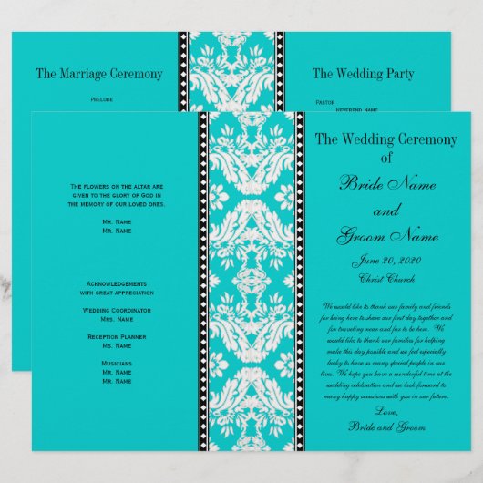 Aqua White Damask Wedding Program (Voorkant / Achterkant)