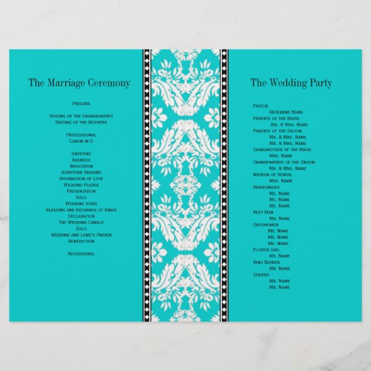 Aqua White Damask Wedding Program (Achterkant)