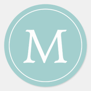 Aqua White Elegant Monogram Ronde Sticker