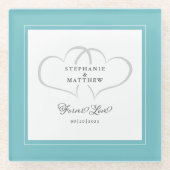 Aqua & White Elegant Wedding Hearts Forever Love Glazen Onderzetter (Voorkant)