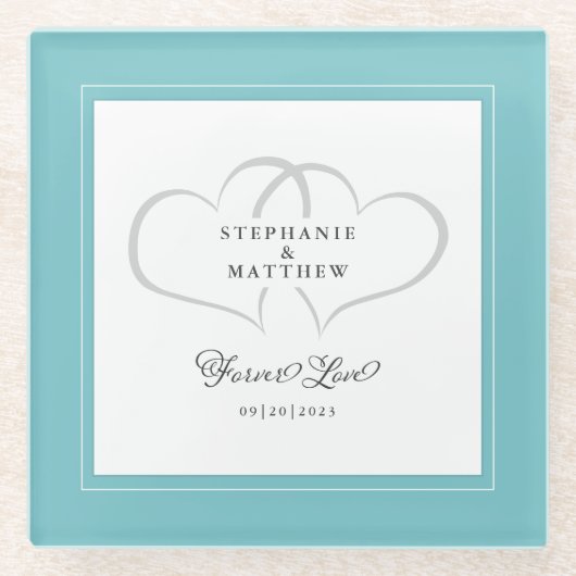 Aqua & White Elegant Wedding Hearts Forever Love Glazen Onderzetter (Voorkant)
