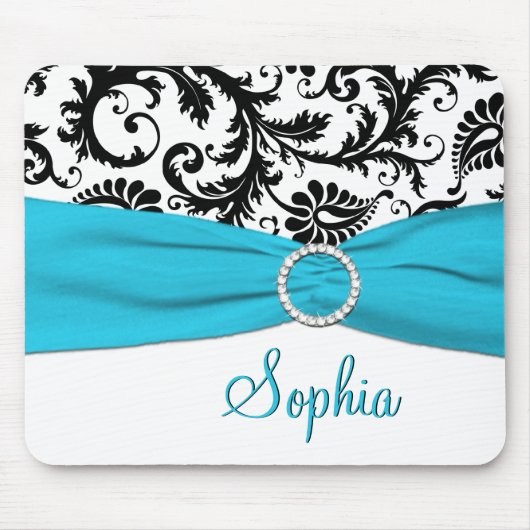 Aqua, White en Black Damask Mousepad Muismat (Voorkant)