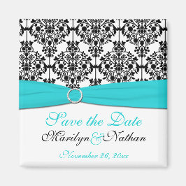 Aqua, White en Black Damask Wedding Favor Magnet