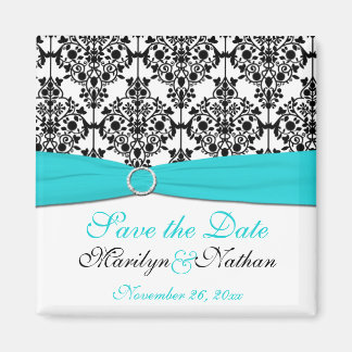Aqua, White en Black Damask Wedding Favor Magnet