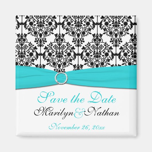 Aqua, White en Black Damask Wedding Favor Magnet (Voorkant)