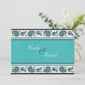 Aqua, White en Black Paisley Wedding Invitation Kaart (Staand voorkant)