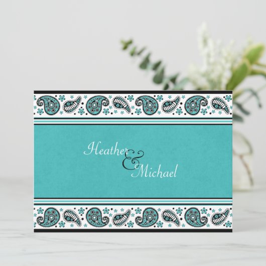 Aqua, White en Black Paisley Wedding Invitation Kaart (Staand voorkant)