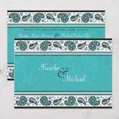 Aqua, White en Black Paisley Wedding Invitation Kaart (Voorkant / Achterkant)