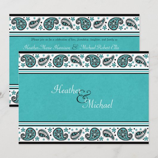 Aqua, White en Black Paisley Wedding Invitation Kaart (Voorkant / Achterkant)