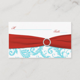 Aqua, White en Red Damask Plaatskaarten Plaatskaartje