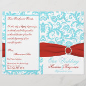 Aqua, White en Red Damask Wedding Program (Voorkant)