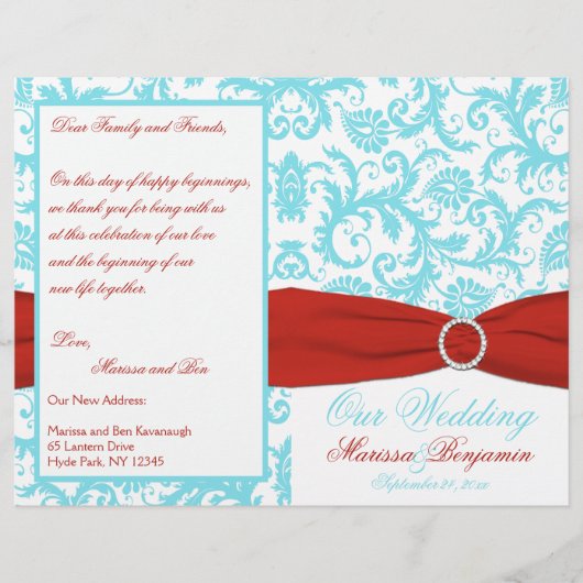 Aqua, White en Red Damask Wedding Program (Voorkant)