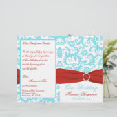 Aqua, White en Red Damask Wedding Program (Staand voorkant)