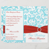 Aqua, White en Red Damask Wedding Program (Voorkant / Achterkant)
