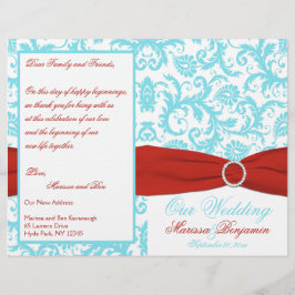Aqua, White en Red Damask Wedding Program