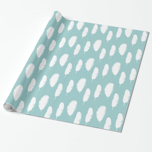 Aqua White Feathers Baby shower Cadeaupapier (Uitgerold)