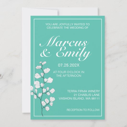 Aqua & White Floral Modern Wedding Invitation Kaart (Voorkant)