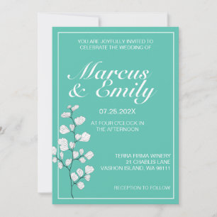 Aqua & White Floral Modern Wedding Invitation Kaart