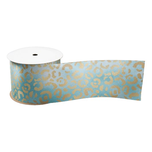  Aqua White Gold Leopard Print    Satijnen Lint (Spoel)