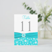 Aqua, White, Grey Snowflakes Table Number Kaart (Staand voorkant)