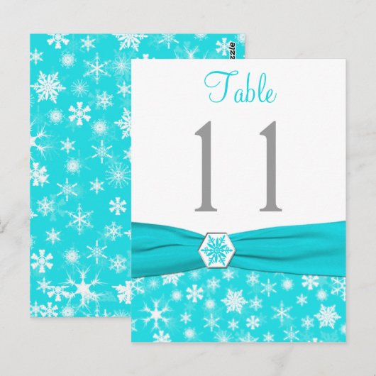 Aqua, White, Grey Snowflakes Table Number Kaart (Voorkant / Achterkant)