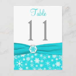 Aqua, White, Grey Snowflakes Table Number Kaart