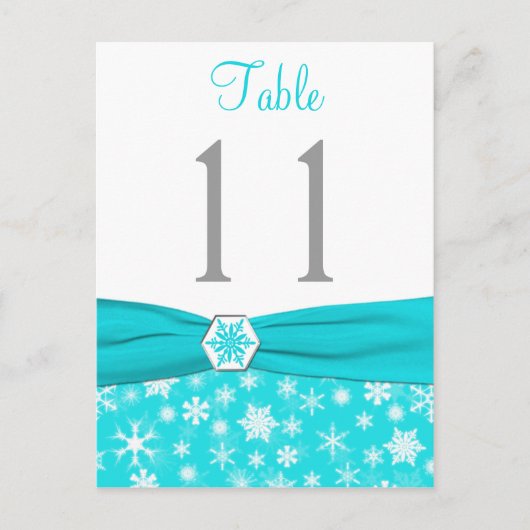 Aqua, White, Grey Snowflakes Table Number Kaart (Voorkant)