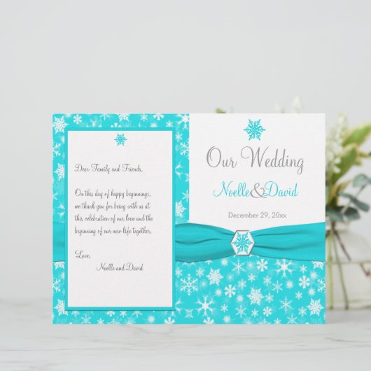 Aqua, White, Grey Snowflakes Wedding Programme (Staand voorkant)