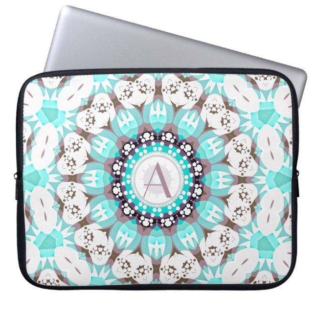 Aqua White Hearts Mandala w / aangepaste tekst Laptop Sleeve (Voorkant)