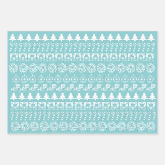 Aqua/White Kerstmis Iconic Pattern Inpakpapier Vel (Voorkant)