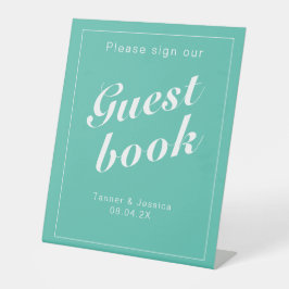 Aqua & White Modern Minimalist Guestbook Reclamebord Met Voetstuk