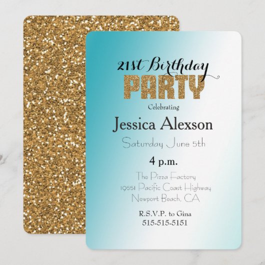 Aqua White Ombre Gouden Glitter Kaart (Voorkant / Achterkant)