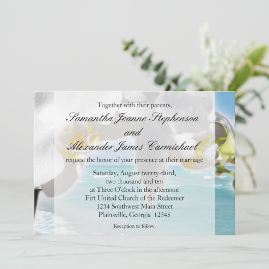 Aqua / White Orchid Beach bruiloft uitnodiging (Staand voorkant)