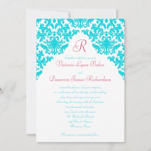Aqua, White, Red Damask Monogrammed Invite Kaart (Voorkant)