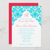 Aqua, White, Red Damask Monogrammed Invite Kaart (Voorkant / Achterkant)