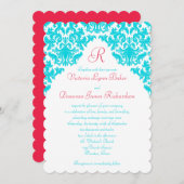 Aqua, White, Red Damask Monogrammed Invite Kaart (Voorkant / Achterkant)