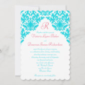 Aqua, White, Red Damask Monogrammed Invite Kaart (Voorkant)