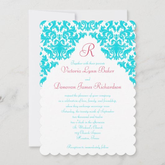 Aqua, White, Red Damask Monogrammed Invite Kaart (Voorkant)