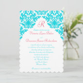 Aqua, White, Red Damask Monogrammed Invite Kaart (Staand voorkant)