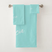 Aqua white signature script name gepersonaliseerd bad handdoek (Insitu)