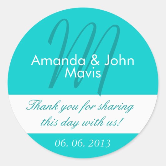 Aqua White Simple Initiaal Wedding Favor Bedankt Ronde Sticker (Voorkant)