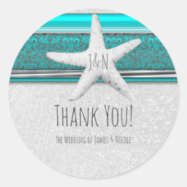 Aqua & White Sparkle Starfish Beach Trouwgunst Ronde Sticker