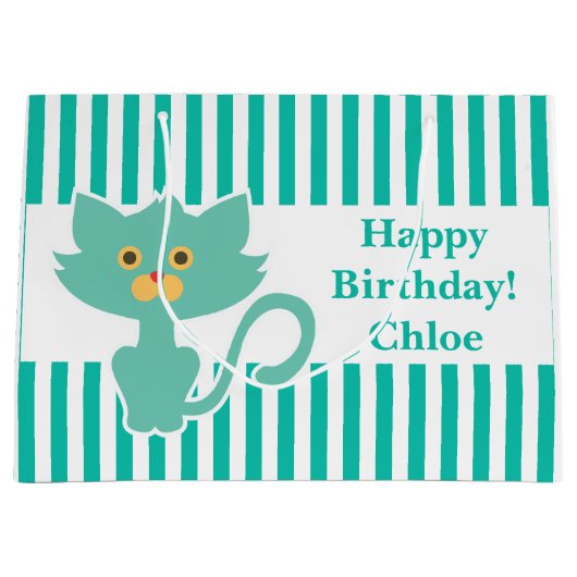 Aqua-White Stripe・Cat・Custom Groot Cadeauzakje (Voorkant)