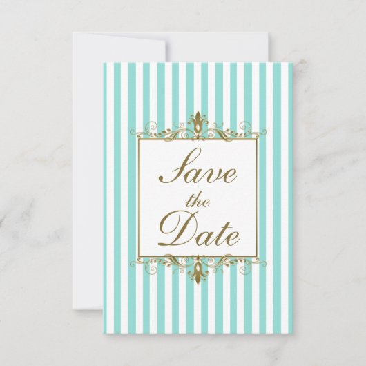 Aqua, White Stripes Gold Scroll Save the Date Kaar (Voorkant)
