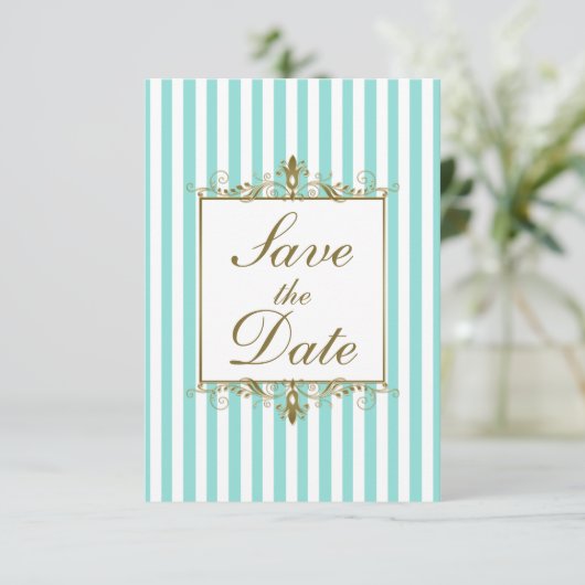 Aqua, White Stripes Gold Scroll Save the Date Kaar (Staand voorkant)