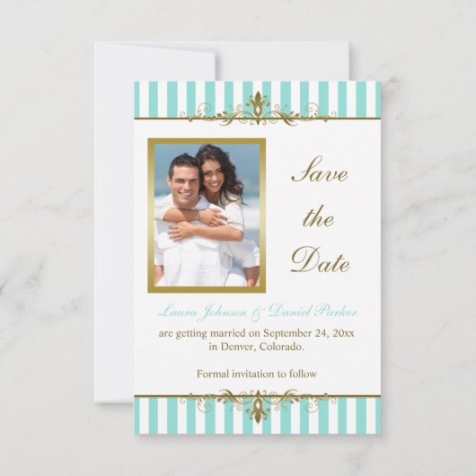 Aqua, White Stripes Gold Scroll Save the Date Kaar (Achterkant)