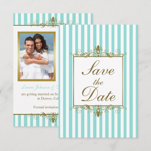 Aqua, White Stripes Gold Scroll Save the Date Kaar (Voorkant / Achterkant)
